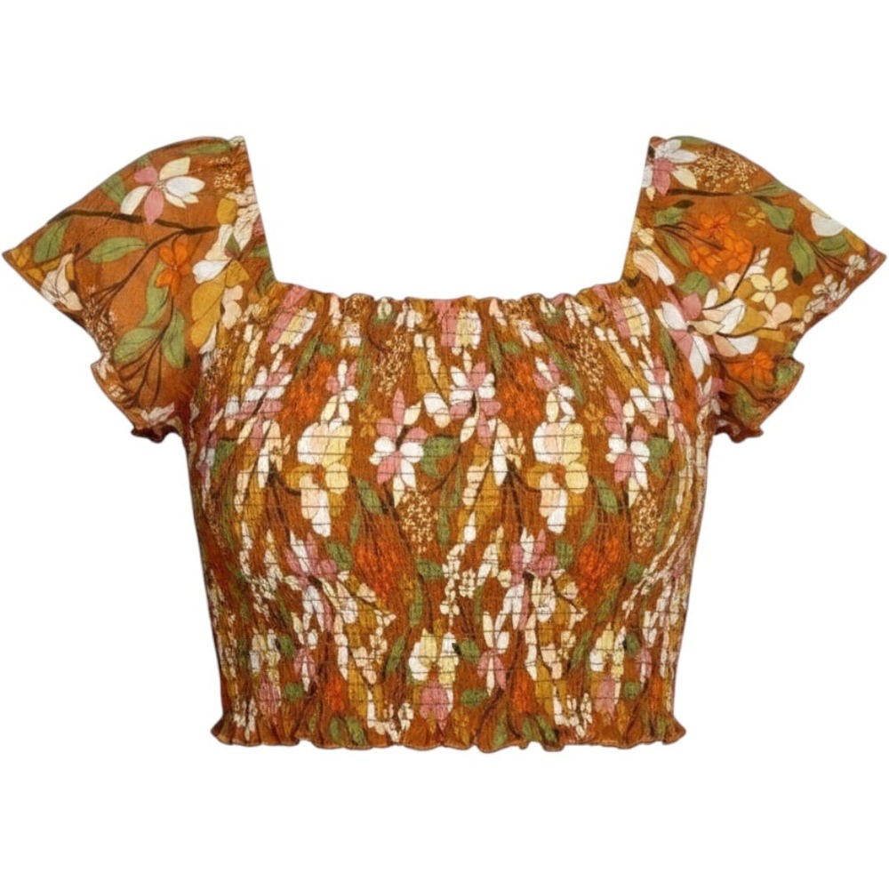 NWT AERIE floral rust smocked crop top with puff sleeves medium puff sleeve